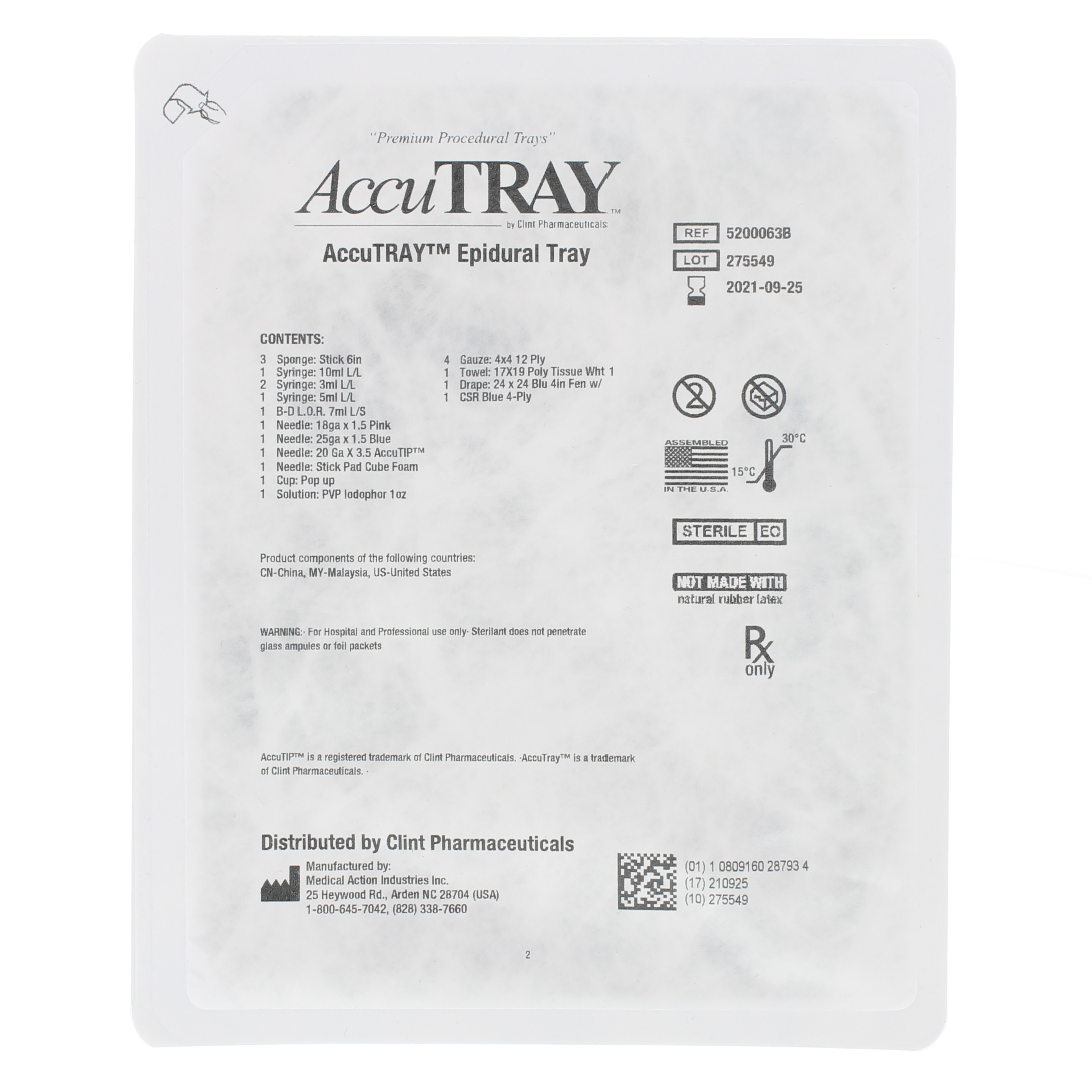 AccuTray™ Epidural Tray w/20g x 3.5 Tuohy Needle
